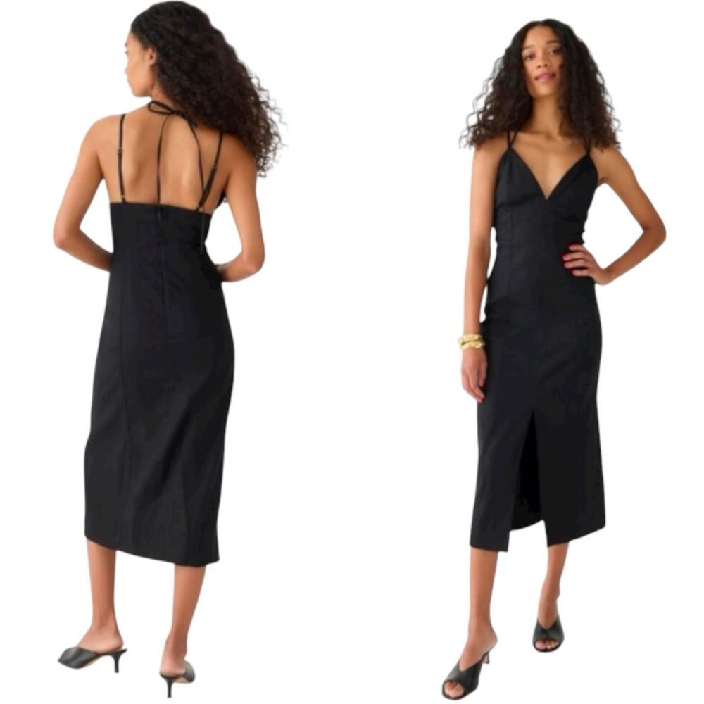 J Crew Collection Halter Tie V Neck Sheath Midi Dress Womens Size 4 Black NWT